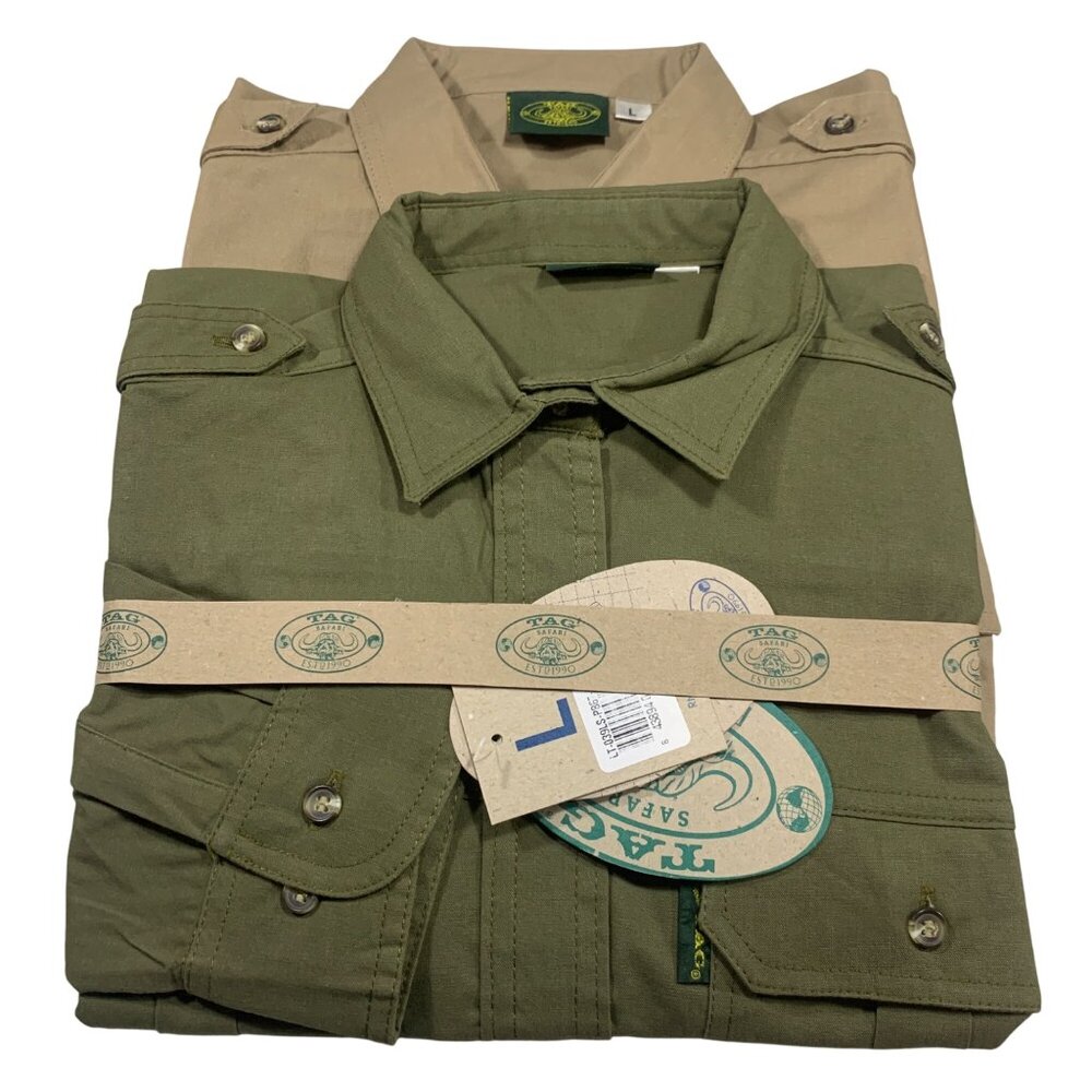 NWT TAG Safari Women’s Top Button Down Long Sleeve Sz L Khaki & Green